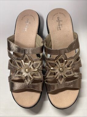 Collection By Clarks Metallic Bronze Floral Cutout Slide Sandals